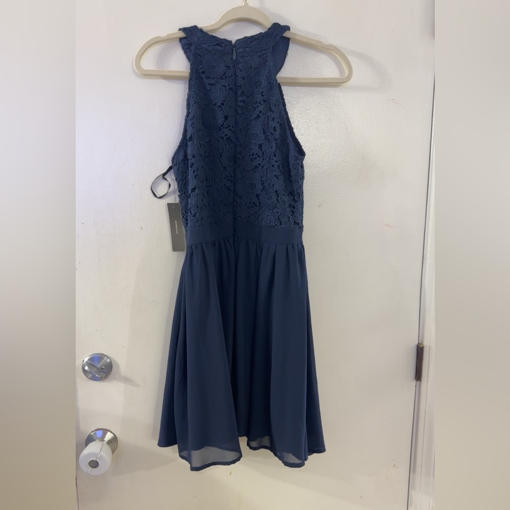 Lulu's Women's Dress Sleeveless Lace Overlay Navy Blue Size small Fit Flare
